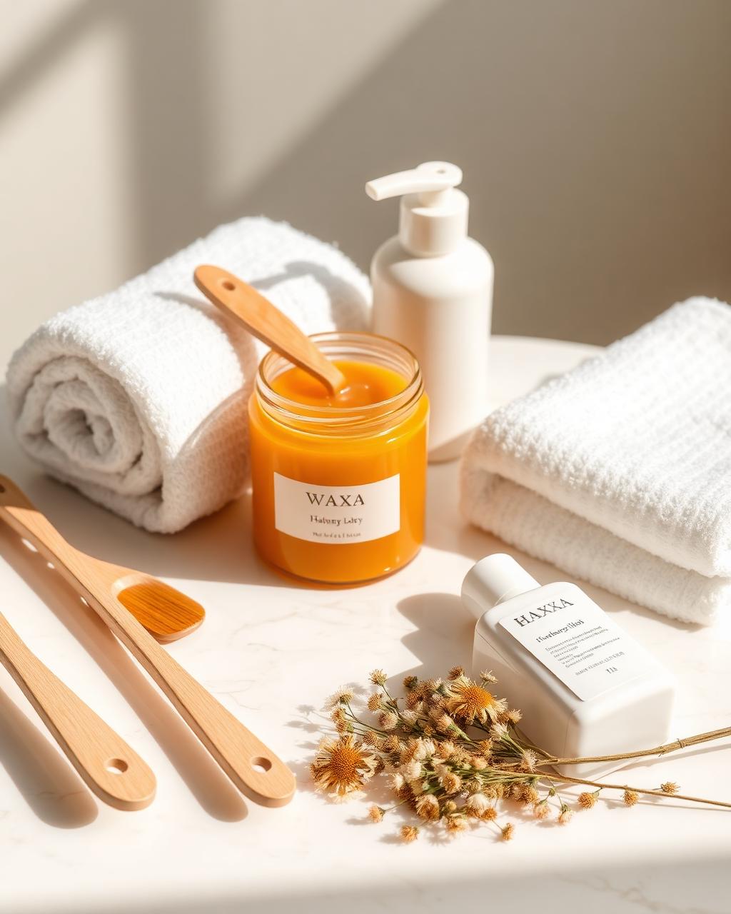 Cabină de epilare cu ceară, prosoape curate și produse profesionale